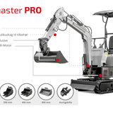 Bobmaster Pro diesel minigraver - 890 kg med drejearm, inkl. skovlsæt