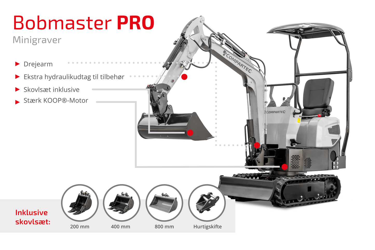 Bobmaster Pro diesel minigraver - 890 kg med drejearm, inkl. skovlsæt