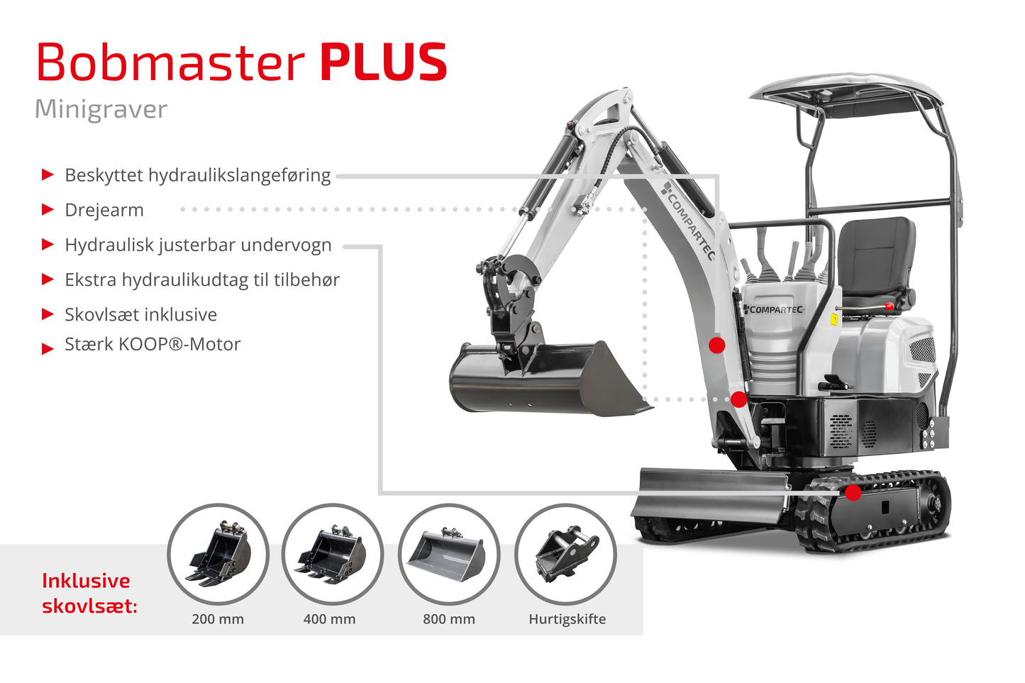 Bobmaster Plus diesel minigraver - 970 kg med drejearm og justerbar undervogn, inkl. skovlsæt