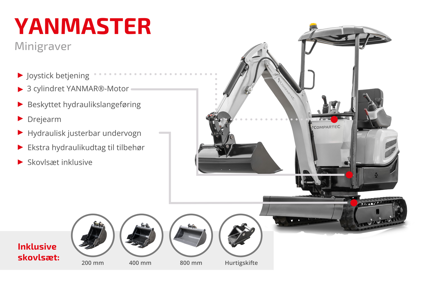 Bobmaster Yanmaster - 3-cylindret diesel Yanmar minigraver, 1200 kg, inkl. skovlsæt