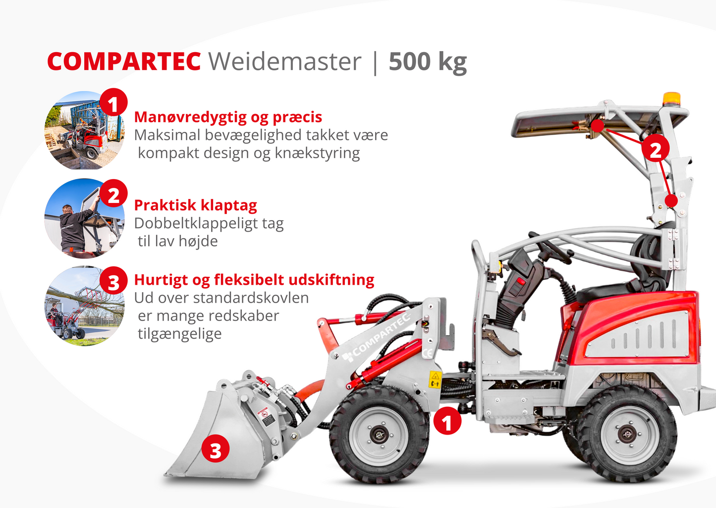 Weidemaster elektrisk minilæsser - løftekapacitet 500 kg, egenvægt 900 kg