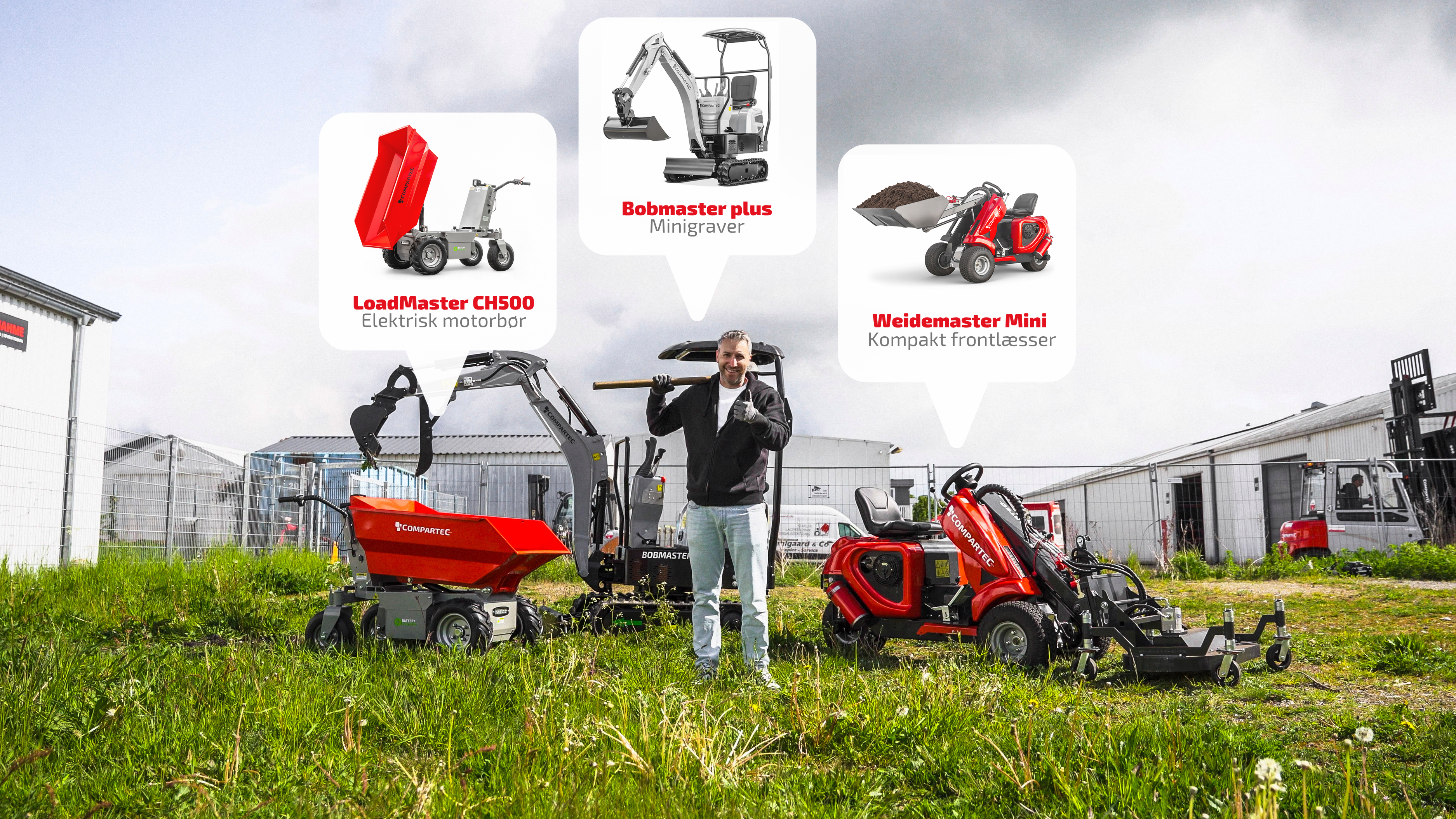 Bobmaster Plus minigraver, Weidemaster Mini minilæsser og LoadMaster CH500 elektrisk motorbør