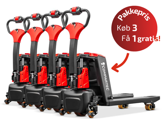 PAKKETILBUD: 4 x ForkLion PRO El-palleløfter med støttehjul, 1500 kg kapacitet, inkl. batteri og oplader